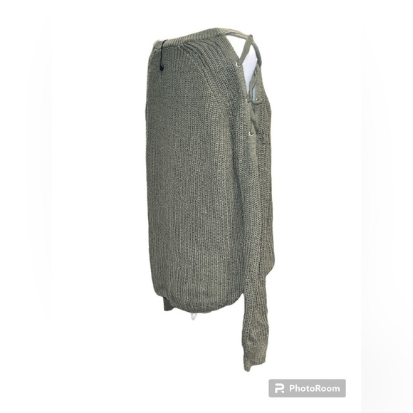 Express Olive Green Knit Cotton Lace‎ Up Shoulder Sweater Size Small - Picture 2 of 5